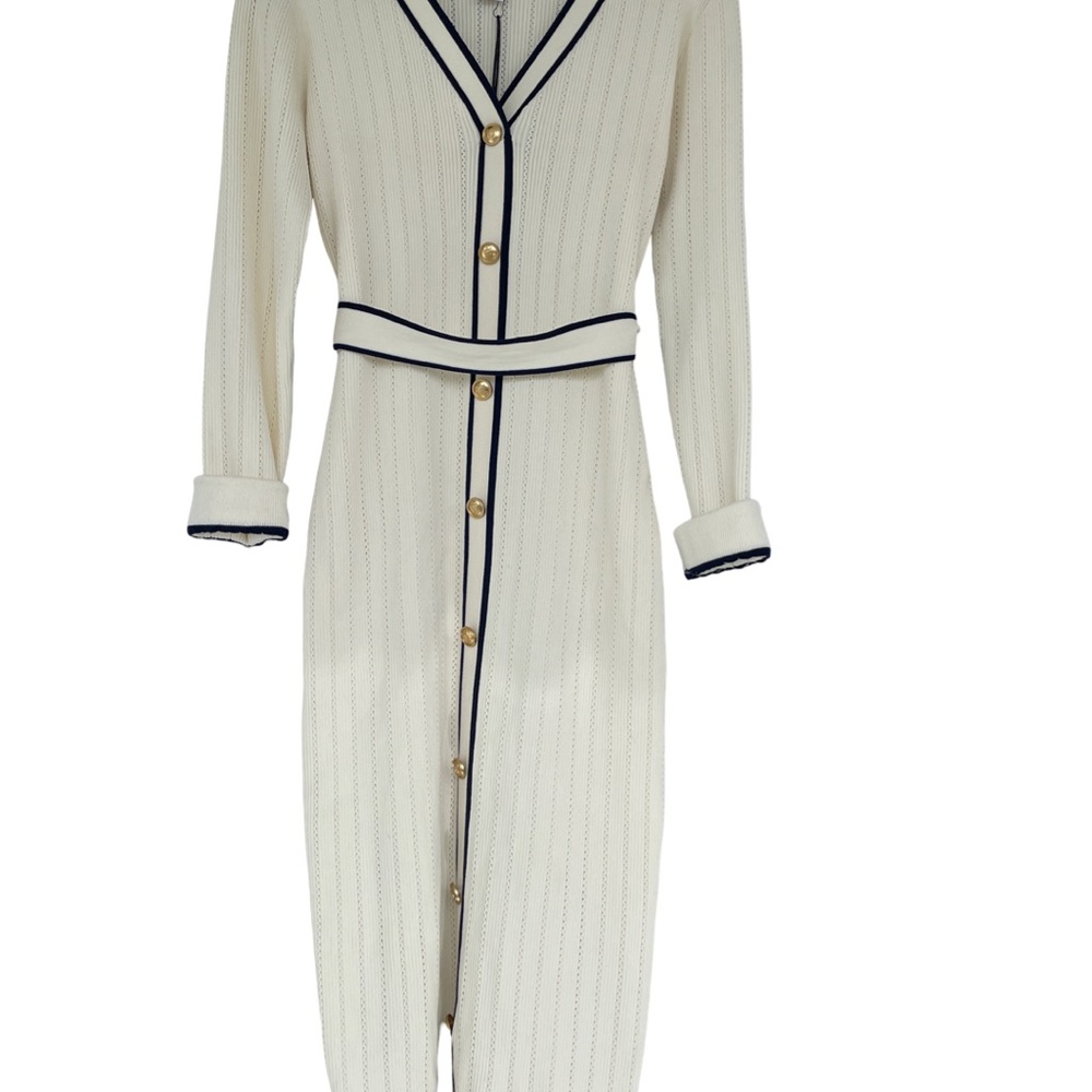Nicole Miller Cream Knit dress with Navy Trim